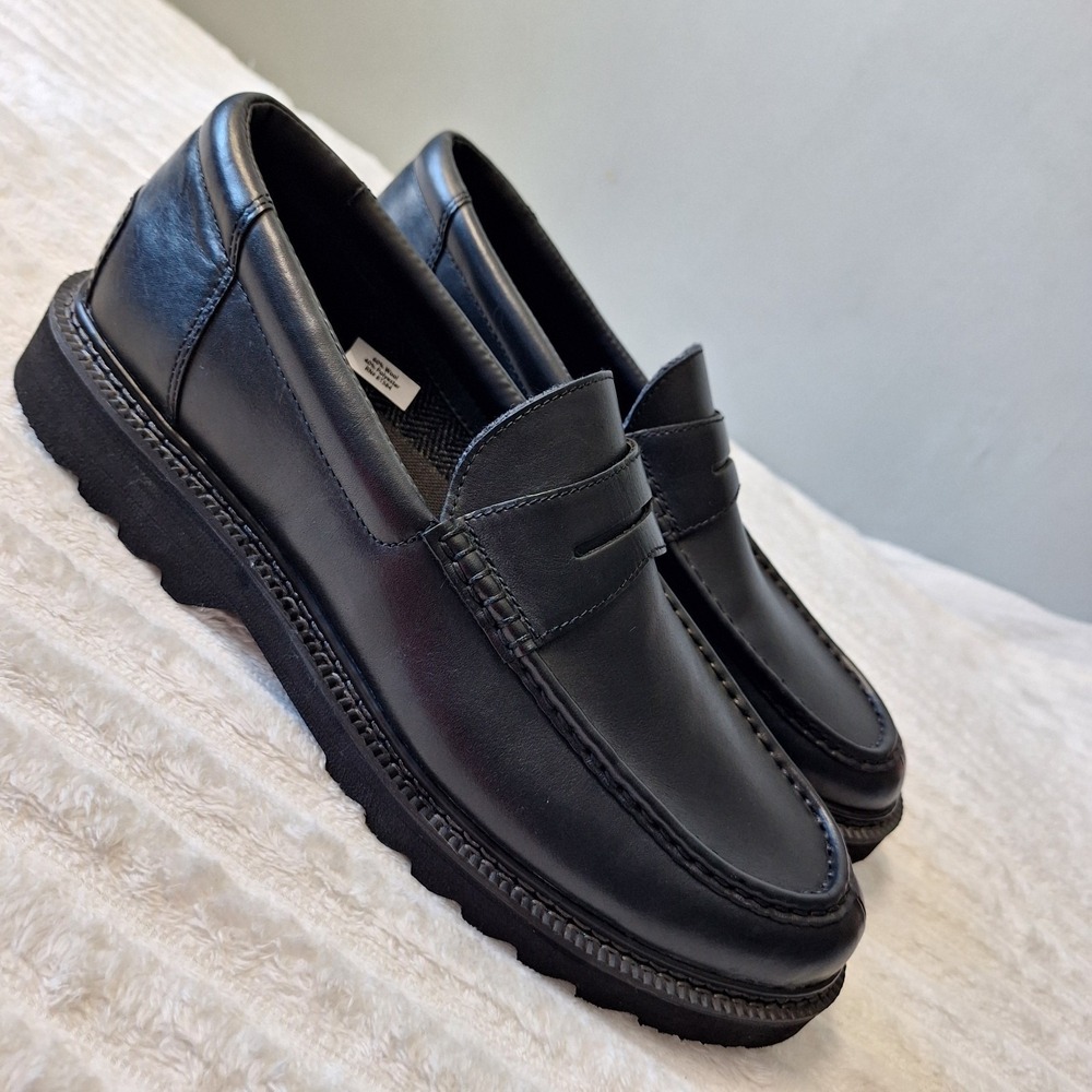 Rockport Leather Penny Loafer Shoes Mens 12 Black Wool Blend Lined Lug Sole
